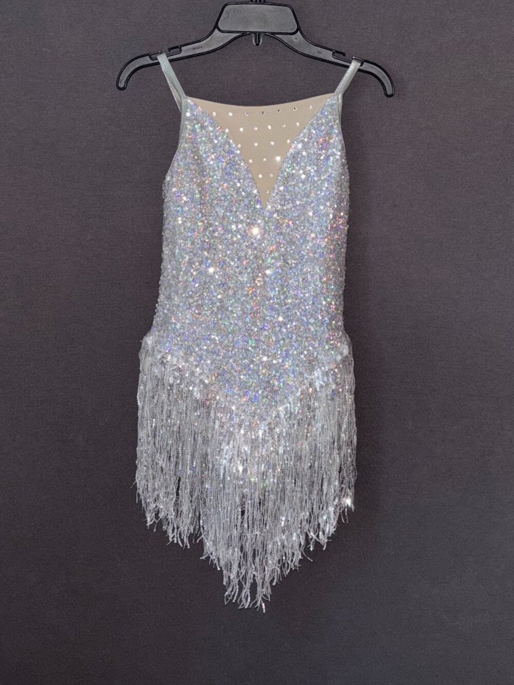 Weissman Silver Sequin V-Neck Fringe Dress Jazz Age Dance Costume LC